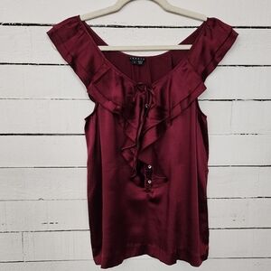 Theory Arnalda Sleeveless Ruffled Front Silk Blend Blouse Top Burgundy Sz P